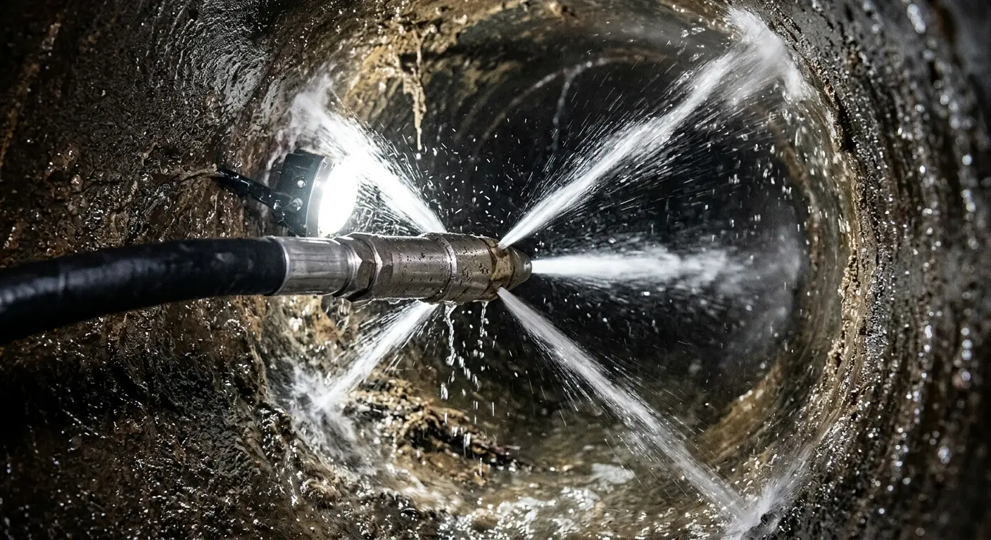 High-pressure hydro jetting nozzle cleaning sewer pipe for Sewer Cleanout in Le Roy