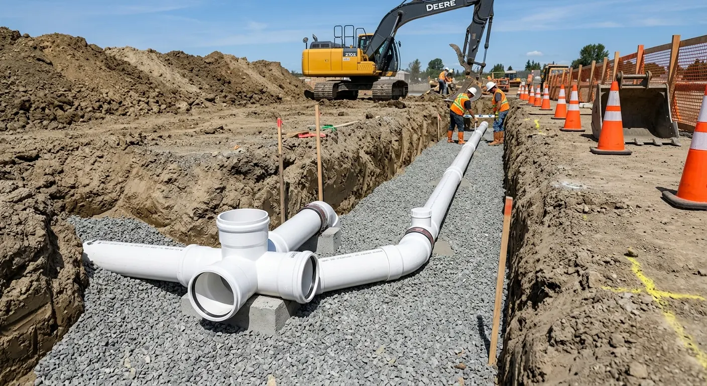 New PVC sewer pipe installation in open trench for Sewer Backup in Le Roy