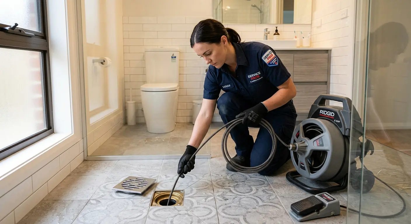 Technician clearing a bathroom floor drain for Sewer Line Replacement in Le Roy